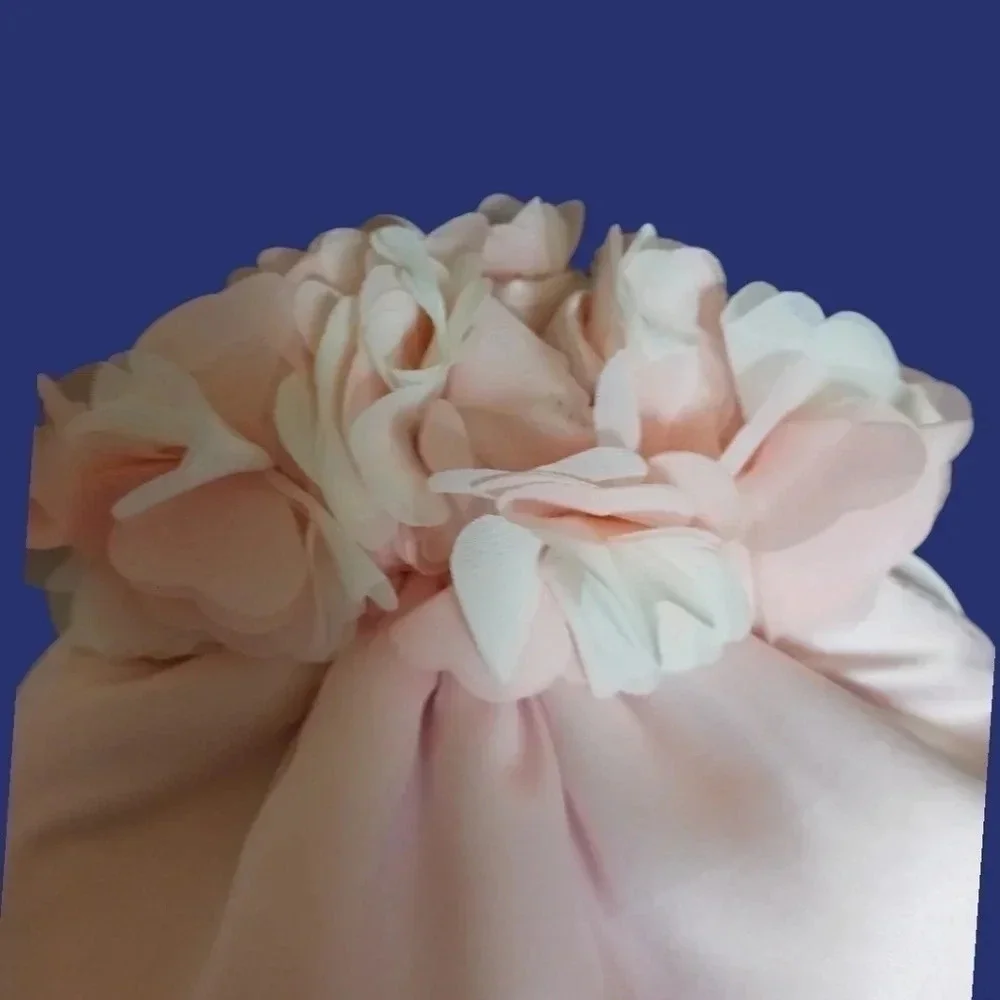 Aimer satin Dragstring Pouch Bag W/Stunning Floral Around The Top Blush Pink